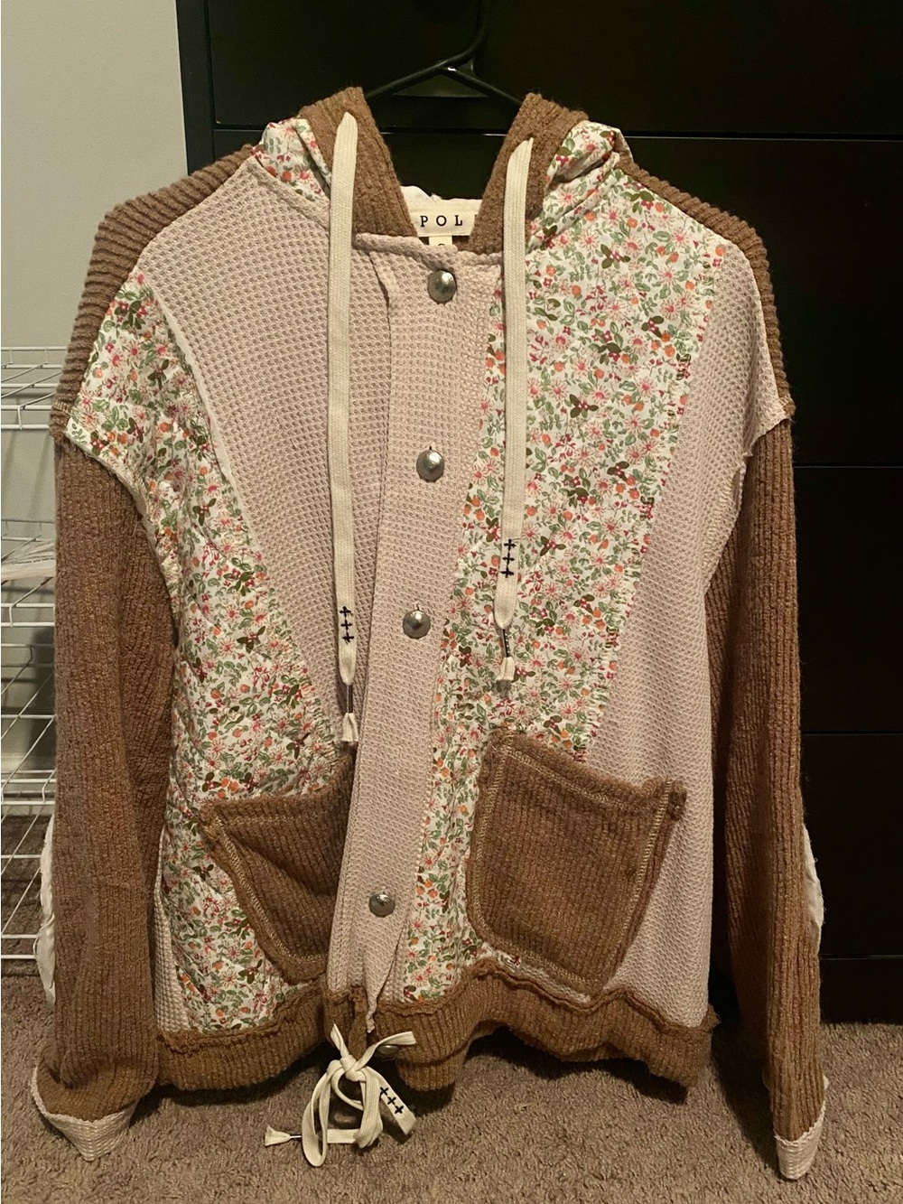POL Patchwork Hooded Bomber Jacket in Brown and Cream